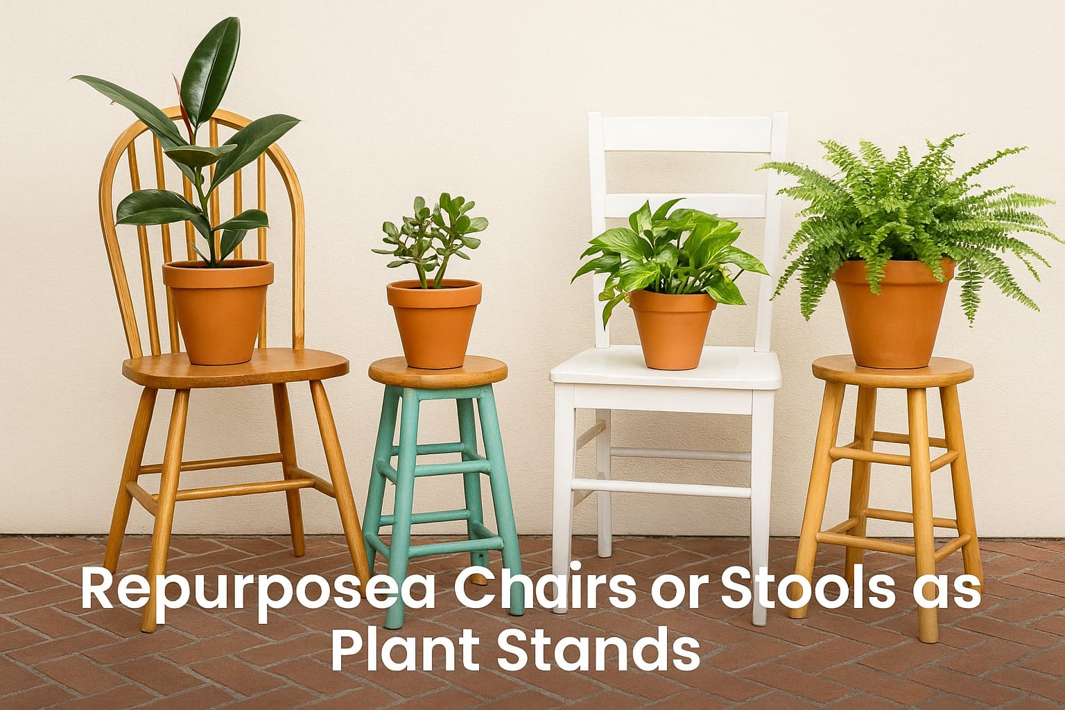 Repurposed chairs and stools used as plant stands with terracotta pots and indoor plants on the brick patio – Urban Plant